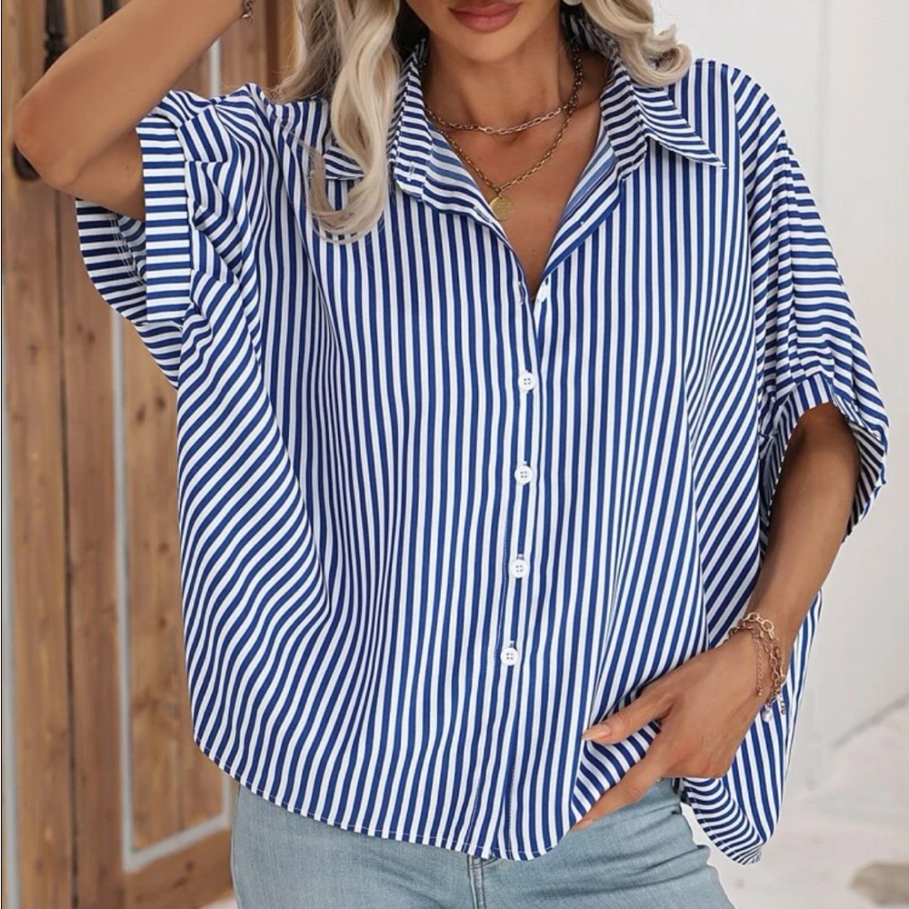 Classic Oversized Loose Fit Stripe Batwing Sleeve Button Down Shirt Top - Picture 14 of 14